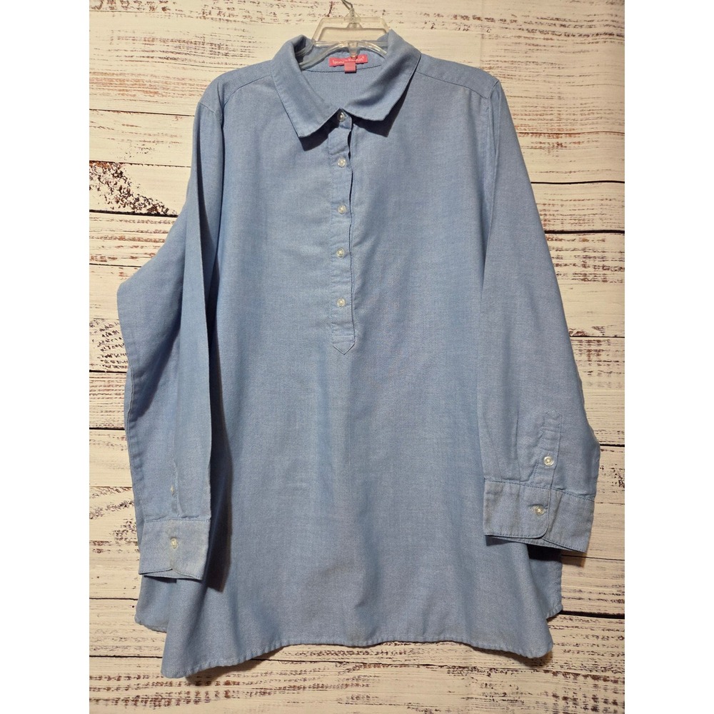 Woman Within Light Blue Oxford Tunic Top 1X Long Sleeve Button Front Popover